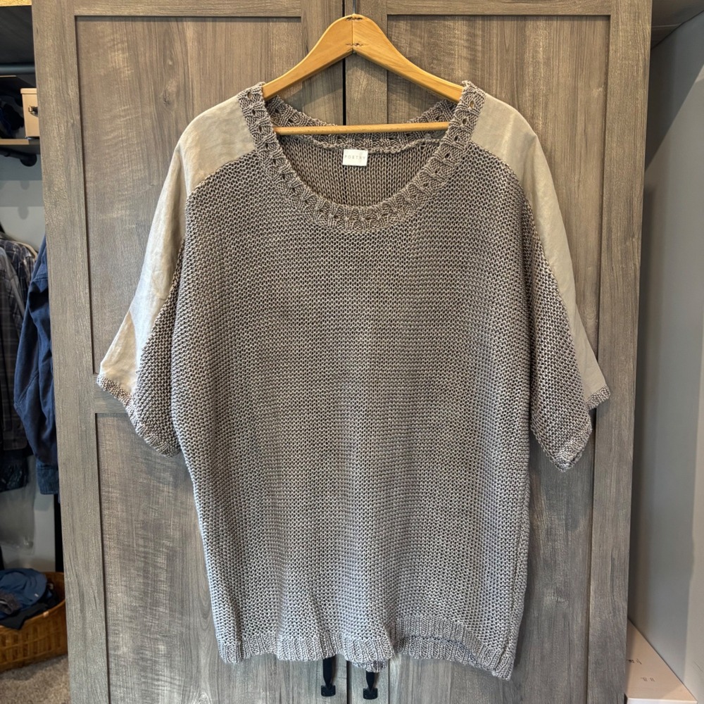 Poetry Taupe Brown Knit Linen Short Sleeve Boxy Sweater Top